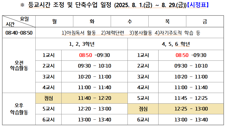등교시간 조정 및 단축수업 일정